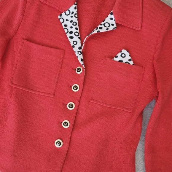 ST JOHN Blazer Red Vintage Marie Gray Collection Polka Dot Cheetah Trim 2 XS - Picture 5 of 15